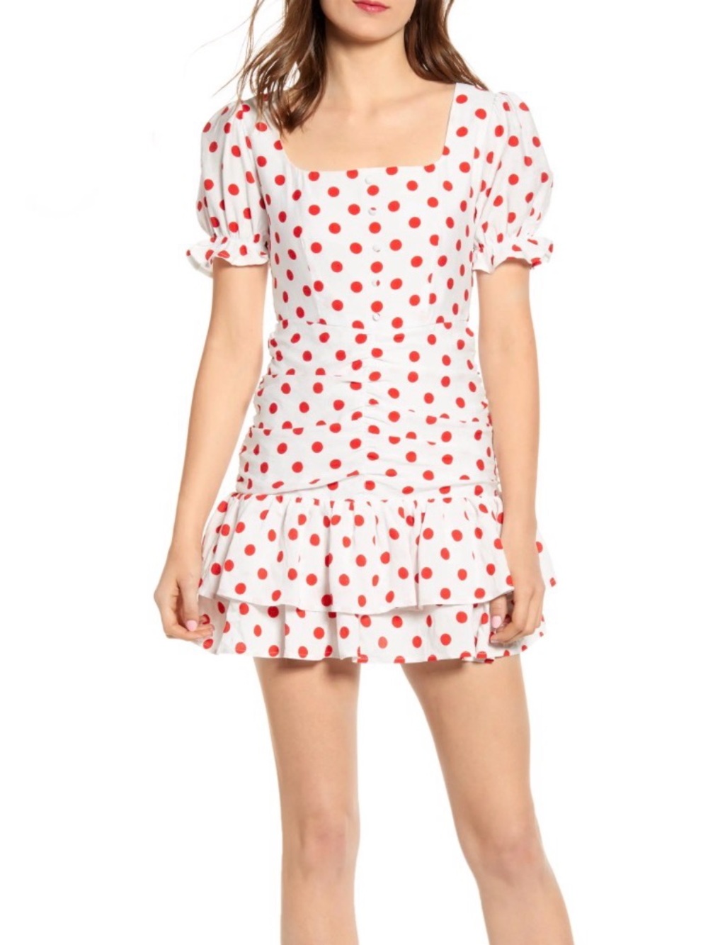 Endless Rose Large White Red Polka Dot Ruched Tiered Mini Dress Puff Sleeve